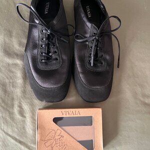 Vivaia Square-Toe Lace-Up Satin Sneakerina, black, Size 7.5